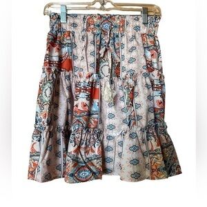 Elings Tiered Mini Skirt Elastic Waist‎ Tassel Paisley Boho Hippie Size Small